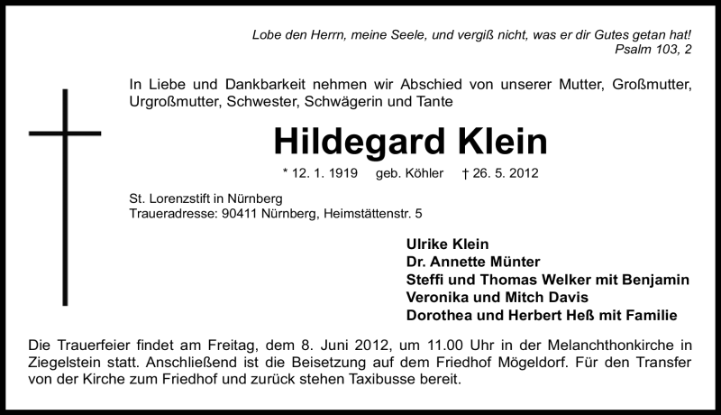  Traueranzeige für Hildegard Klein vom 02.06.2012 aus Gesamtausgabe Nürnberger Nachrichten/ Nürnberger Ztg.