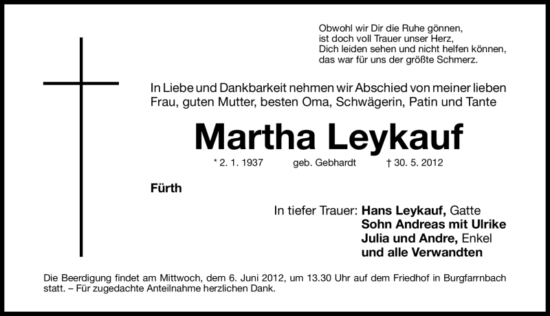  Traueranzeige für Martha Leykauf vom 02.06.2012 aus Fürther Nachrichten Lokal