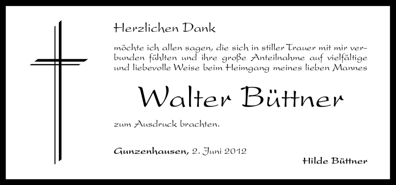  Traueranzeige für Walter Büttner vom 02.06.2012 aus Altmühl-Bote Lokal