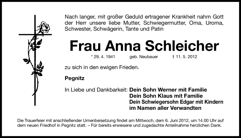  Traueranzeige für Anna Schleicher vom 02.06.2012 aus Nordbayerische Nachrichten Pegnitz Lokal