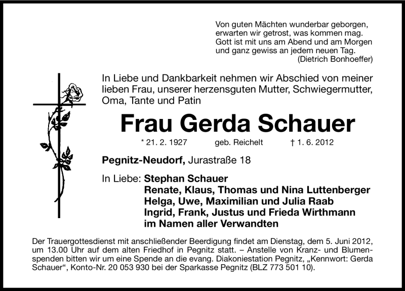  Traueranzeige für Gerda Schauer vom 02.06.2012 aus Nordbayerische Nachrichten Pegnitz Lokal