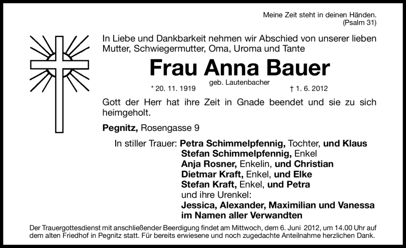  Traueranzeige für Anna Bauer vom 04.06.2012 aus Nordbayerische Nachrichten Pegnitz Lokal