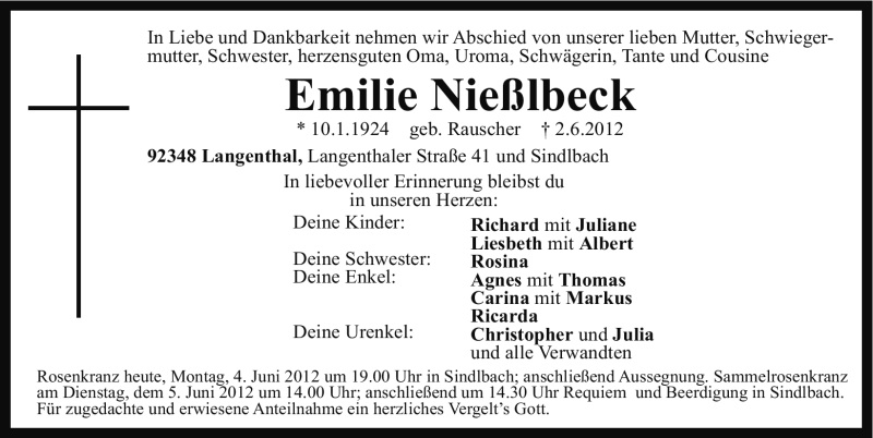  Traueranzeige für Emilie Nießlbeck vom 04.06.2012 aus Neumarkter Nachrichten Lokal