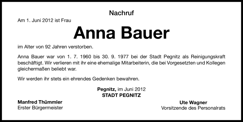  Traueranzeige für Anna Bauer vom 05.06.2012 aus Nordbayerische Nachrichten Pegnitz Lokal