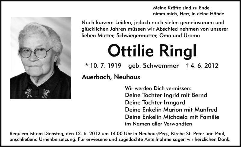  Traueranzeige für Ottilie Ringl vom 07.06.2012 aus Nordbayerische Nachrichten Pegnitz Lokal
