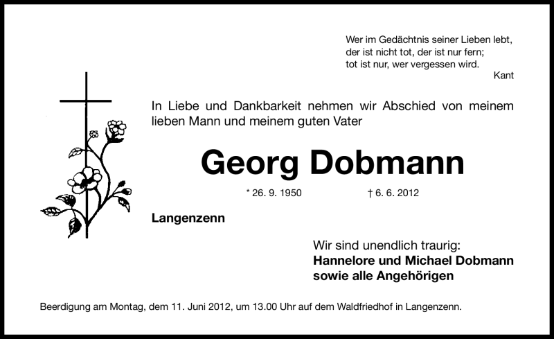  Traueranzeige für Georg Dobmann vom 07.06.2012 aus Gesamtausgabe Nürnberger Nachrichten/ Nürnberger Ztg.