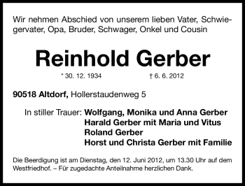 Traueranzeige von Reinhold Gerber von Gesamtausgabe Nürnberger Nachrichten/ Nürnberger Ztg.