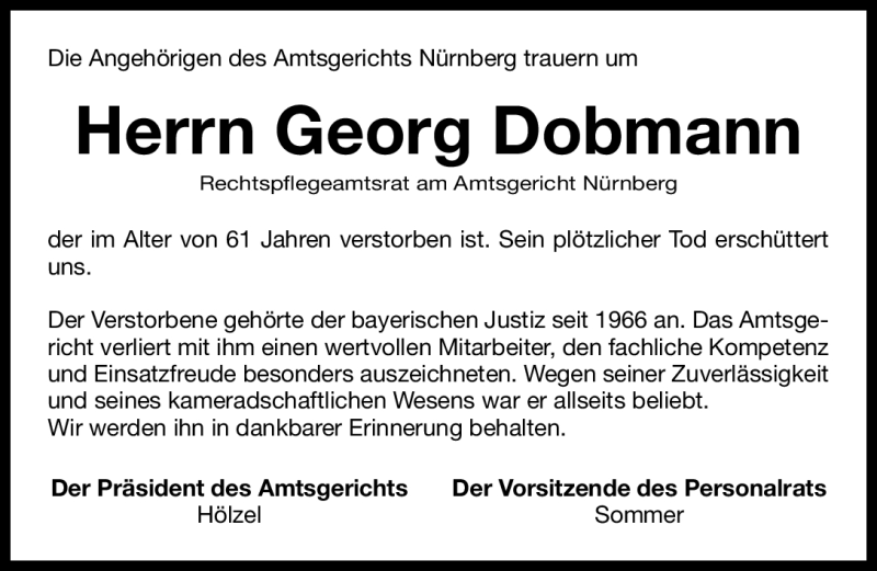  Traueranzeige für Georg Dobmann vom 09.06.2012 aus Gesamtausgabe Nürnberger Nachrichten/ Nürnberger Ztg.