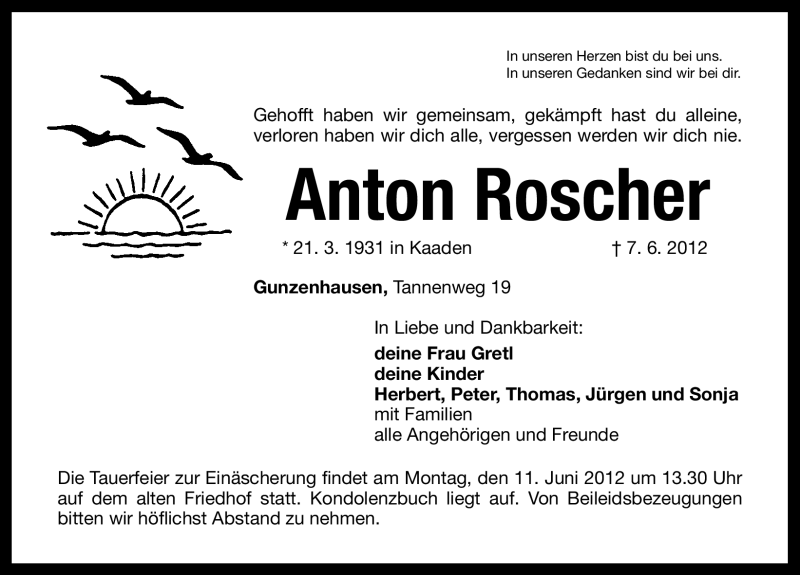  Traueranzeige für Anton Roscher vom 09.06.2012 aus Altmühl-Bote Lokal