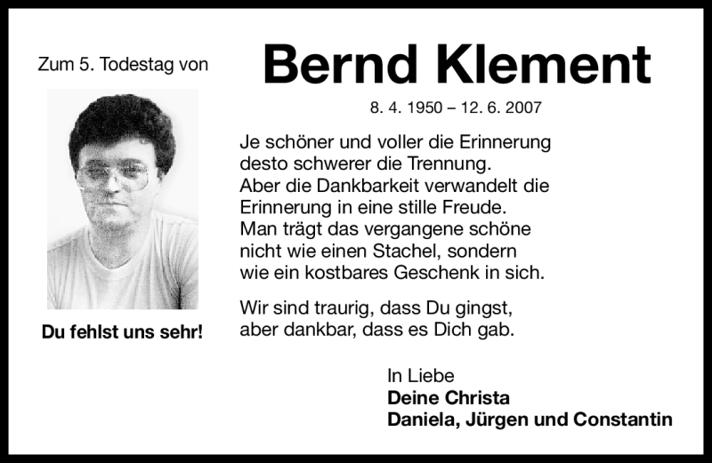  Traueranzeige für Bernd Klement vom 12.06.2012 aus Nordbayerische Nachrichten Herzogenaurach Lokal