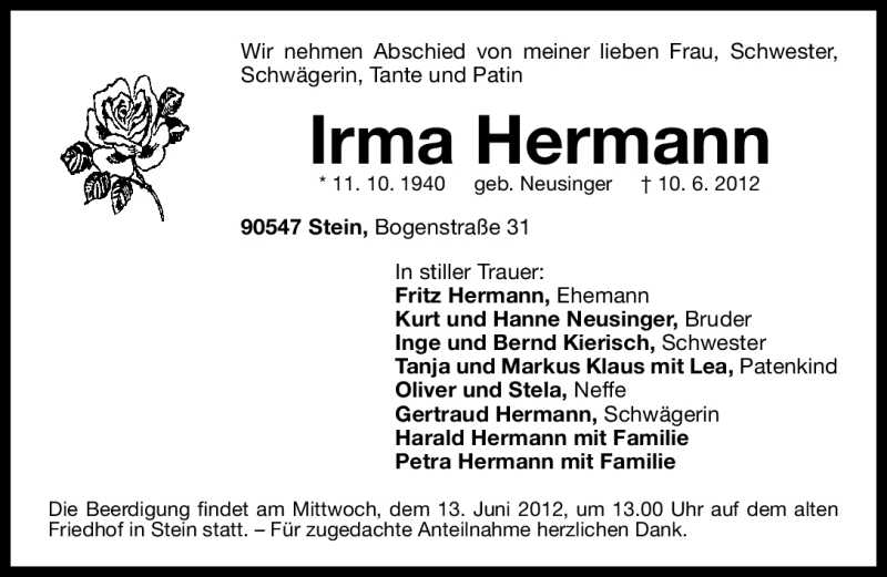  Traueranzeige für Irma Hermann vom 12.06.2012 aus Gesamtausgabe Nürnberger Nachrichten/ Nürnberger Ztg.
