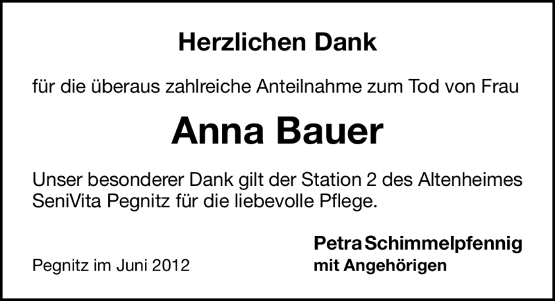  Traueranzeige für Anna Bauer vom 13.06.2012 aus Nordbayerische Nachrichten Pegnitz Lokal