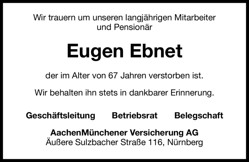  Traueranzeige für Eugen Ebnet vom 13.06.2012 aus Gesamtausgabe Nürnberger Nachrichten/ Nürnberger Ztg.