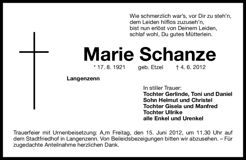  Traueranzeige für Marie Schanze vom 13.06.2012 aus Fürther Nachrichten Lokal