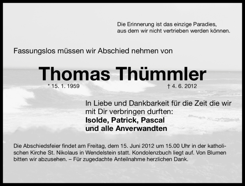  Traueranzeige für Thomas Thümmler vom 13.06.2012 aus Gesamtausgabe Nürnberger Nachrichten/ Nürnberger Ztg.
