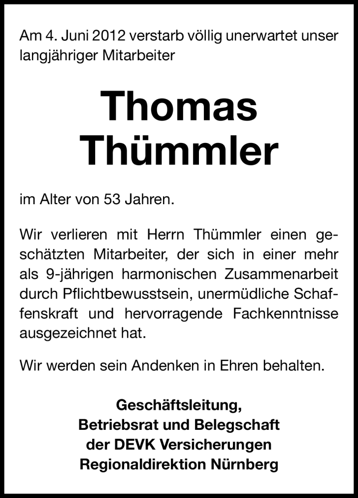  Traueranzeige für Thomas Thümmler vom 13.06.2012 aus Gesamtausgabe Nürnberger Nachrichten/ Nürnberger Ztg.
