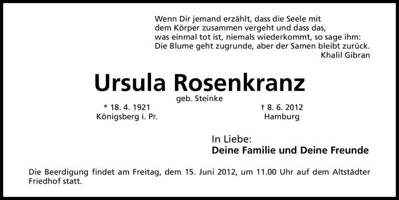  Traueranzeige für Ursula Rosenkranz vom 13.06.2012 aus Erlanger Nachrichten Lokal