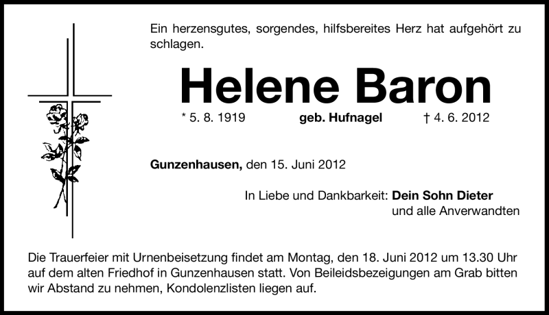  Traueranzeige für Helene Baron vom 15.06.2012 aus Altmühl-Bote Lokal