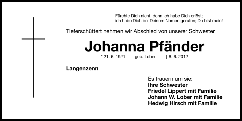  Traueranzeige für Johanna Pfänder vom 15.06.2012 aus Fürther Nachrichten Lokal