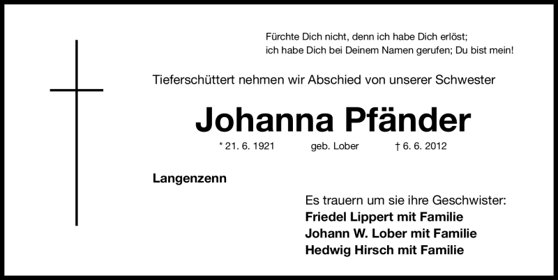  Traueranzeige für Johanna Pfänder vom 16.06.2012 aus Fürther Nachrichten Lokal