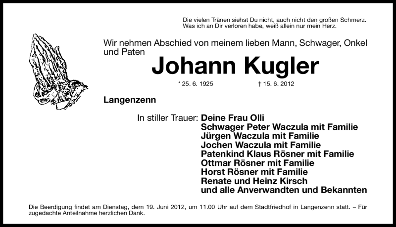  Traueranzeige für Johann Kugler vom 18.06.2012 aus Fürther Nachrichten Lokal