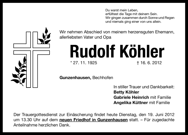  Traueranzeige für Rudolf Köhler vom 19.06.2012 aus Altmühl-Bote Lokal