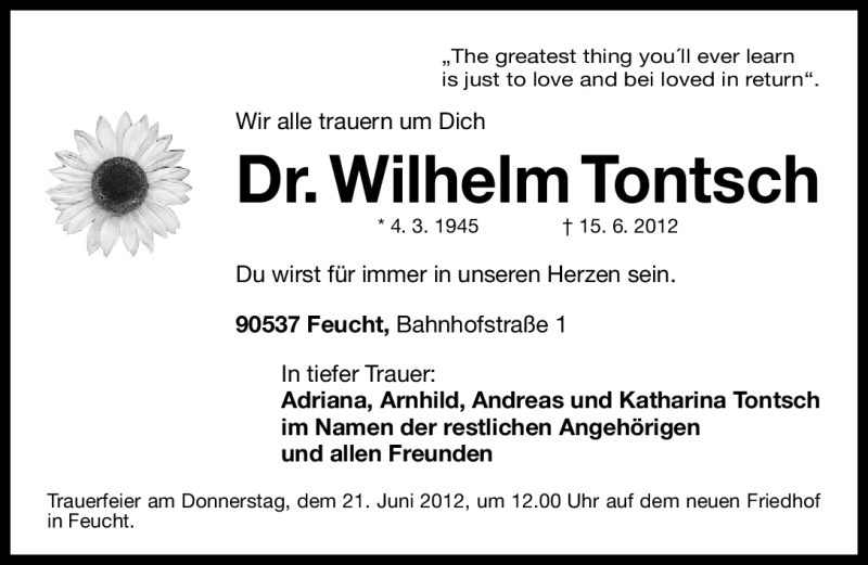 Traueranzeige für Wilhelm Tontsch vom 19.06.2012 aus Gesamtausgabe Nürnberger Nachrichten/ Nürnberger Ztg.