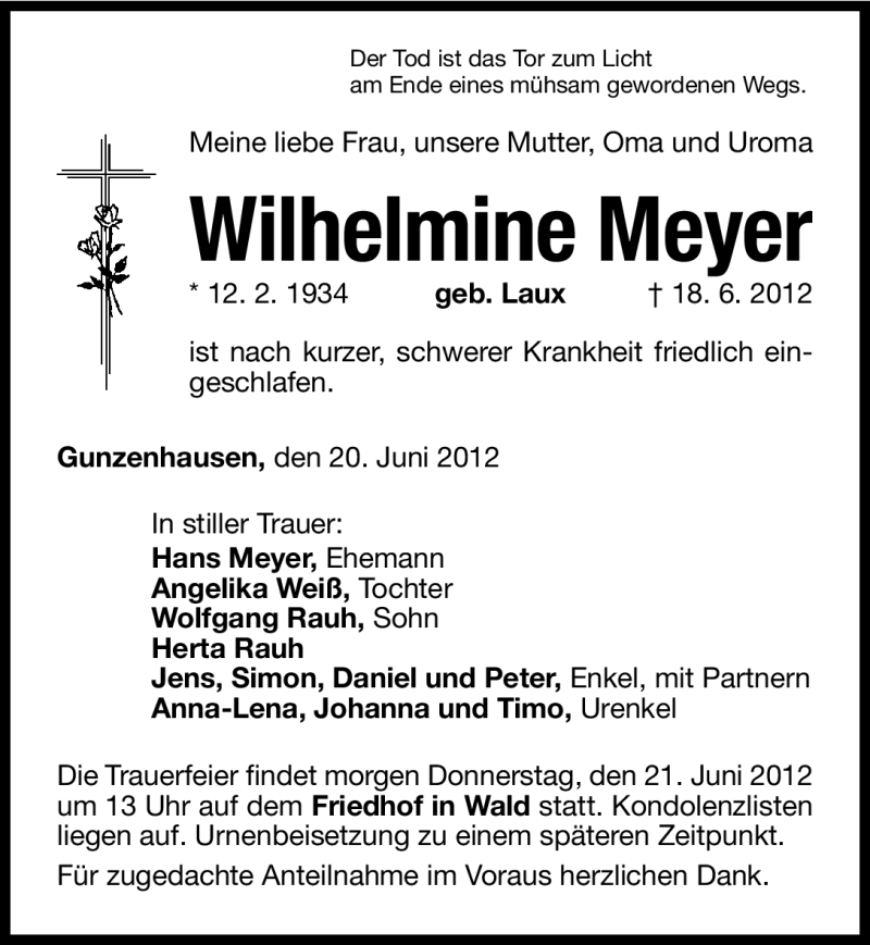  Traueranzeige für Wilhelmine Meyer vom 20.06.2012 aus Altmühl-Bote Lokal