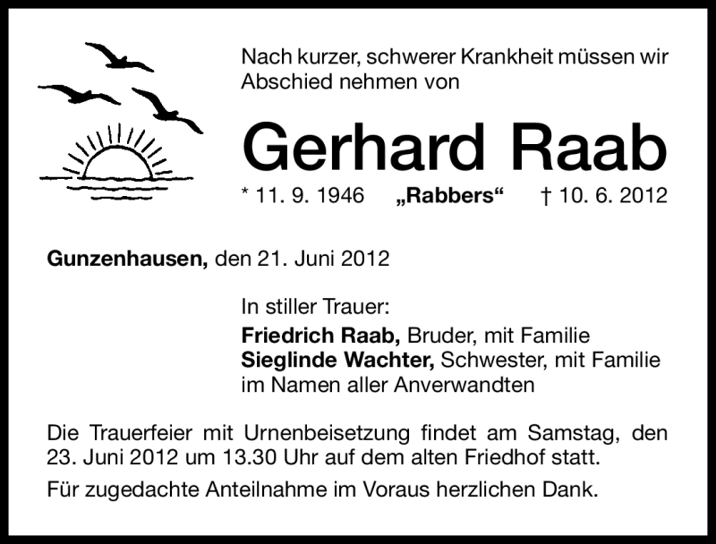  Traueranzeige für Gerhard Raab vom 21.06.2012 aus Altmühl-Bote Lokal
