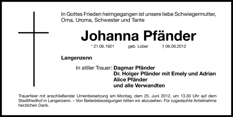  Traueranzeige für Johanna Pfänder vom 22.06.2012 aus Fürther Nachrichten Lokal