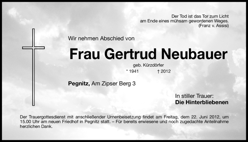 Traueranzeige für Gertrud Neubauer vom 21.06.2012 aus Nordbayerische Nachrichten Pegnitz Lokal