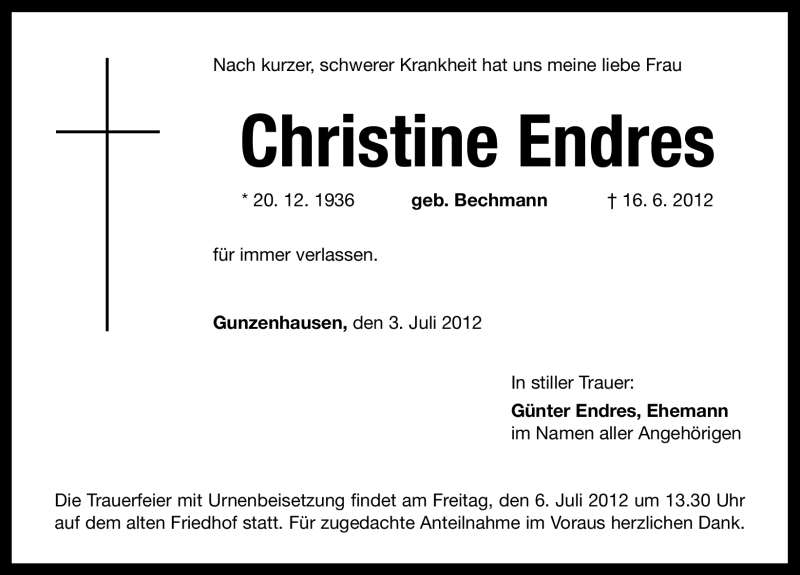  Traueranzeige für Christine Endres vom 03.07.2012 aus Altmühl-Bote Lokal