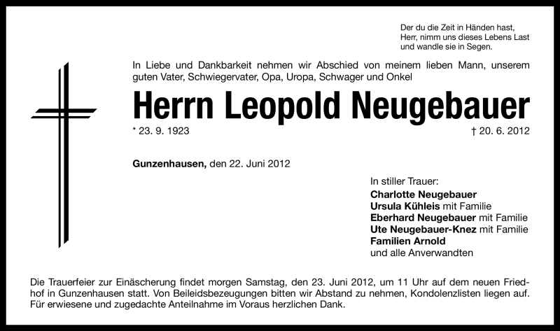  Traueranzeige für Leopold Neugebauer vom 22.06.2012 aus Altmühl-Bote Lokal