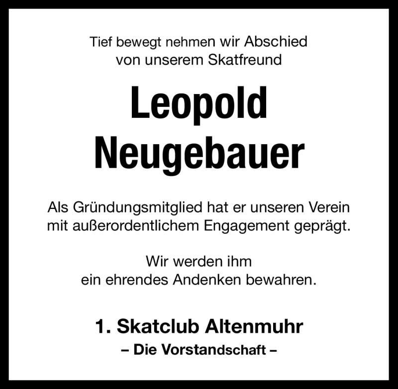  Traueranzeige für Leopold Neugebauer vom 23.06.2012 aus Altmühl-Bote Lokal