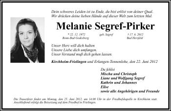 Traueranzeige von Melanie Segref-Pirker von Erlanger Nachrichten Lokal