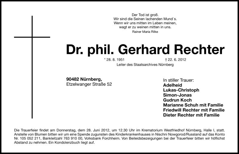  Traueranzeige für Gerhard Rechter vom 25.06.2012 aus Gesamtausgabe Nürnberger Nachrichten/ Nürnberger Ztg.