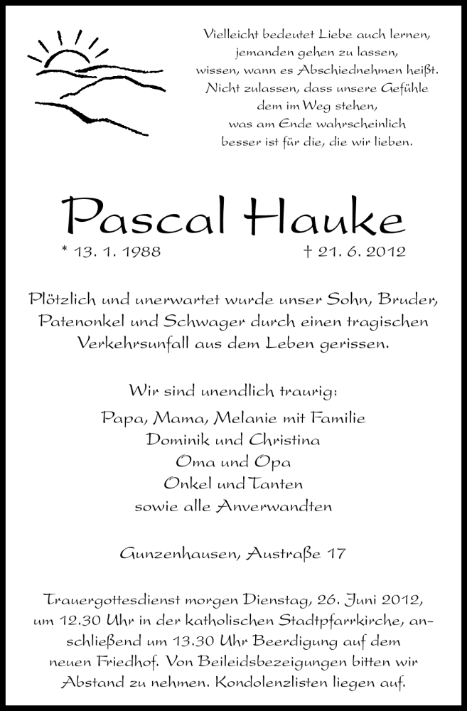  Traueranzeige für Pascal Hauke vom 25.06.2012 aus Altmühl-Bote Lokal