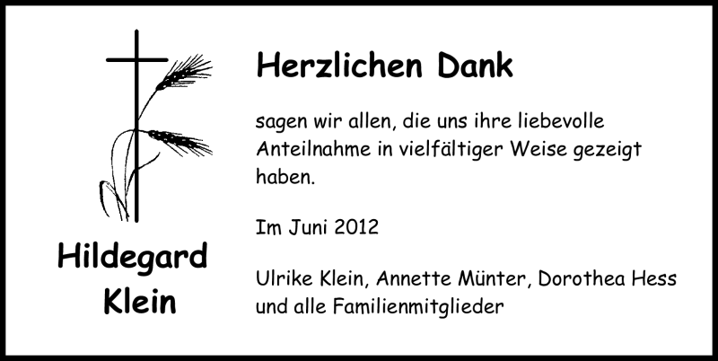  Traueranzeige für Hildegard Klein vom 30.06.2012 aus Gesamtausgabe Nürnberger Nachrichten/ Nürnberger Ztg.