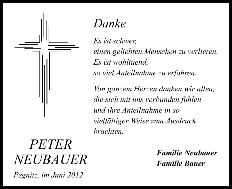  Traueranzeige für Peter Neubauer vom 27.06.2012 aus Nordbayerische Nachrichten Pegnitz Lokal