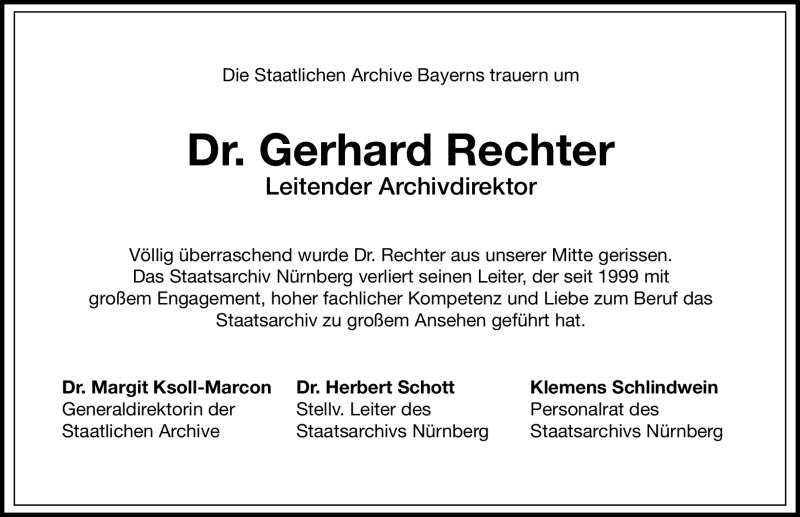  Traueranzeige für Gerhard Rechter vom 27.06.2012 aus Gesamtausgabe Nürnberger Nachrichten/ Nürnberger Ztg.