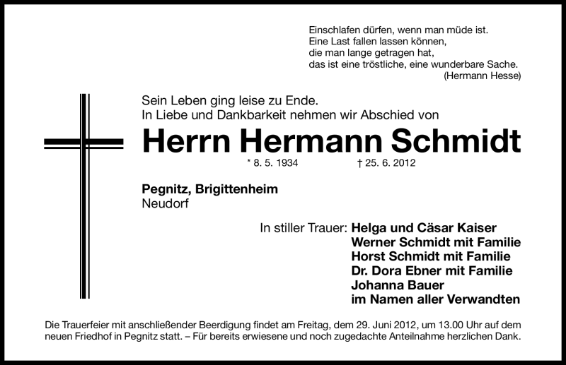  Traueranzeige für Hermann Schmidt vom 27.06.2012 aus Nordbayerische Nachrichten Pegnitz Lokal