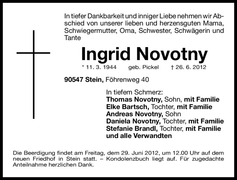 Traueranzeige für Ingrid Novotny vom 27.06.2012 aus Gesamtausgabe Nürnberger Nachrichten/ Nürnberger Ztg.