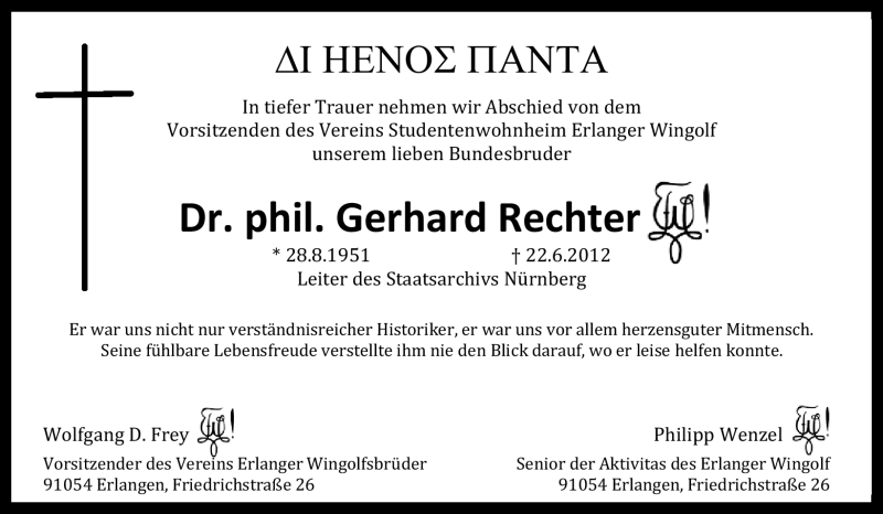  Traueranzeige für Gerhard Rechter vom 28.06.2012 aus Gesamtausgabe Nürnberger Nachrichten/ Nürnberger Ztg.