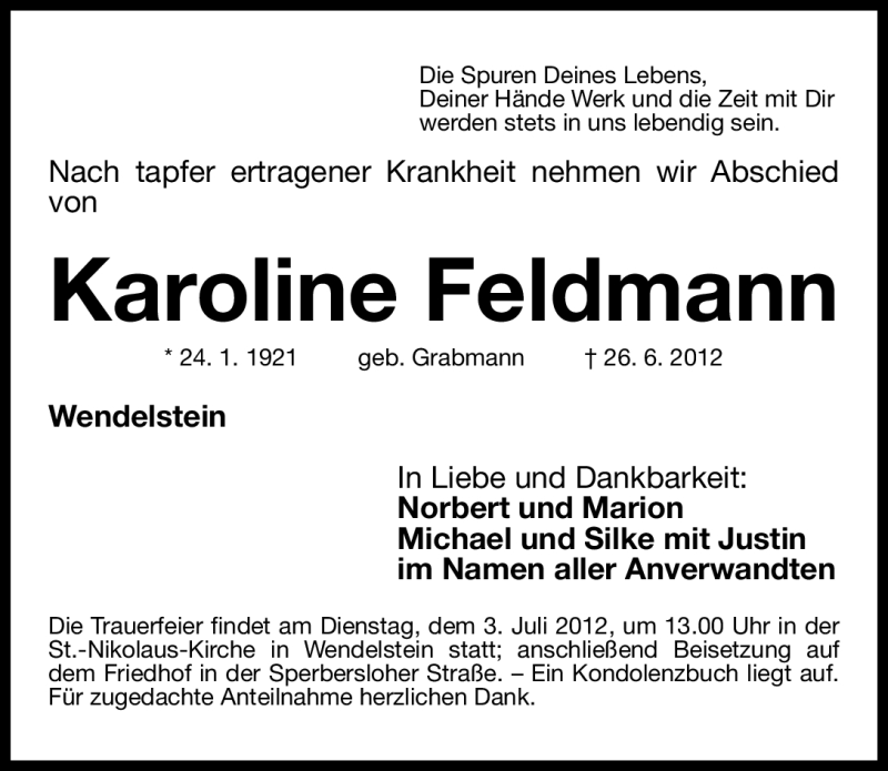  Traueranzeige für Karoline Feldmann vom 30.06.2012 aus Gesamtausgabe Nürnberger Nachrichten/ Nürnberger Ztg.