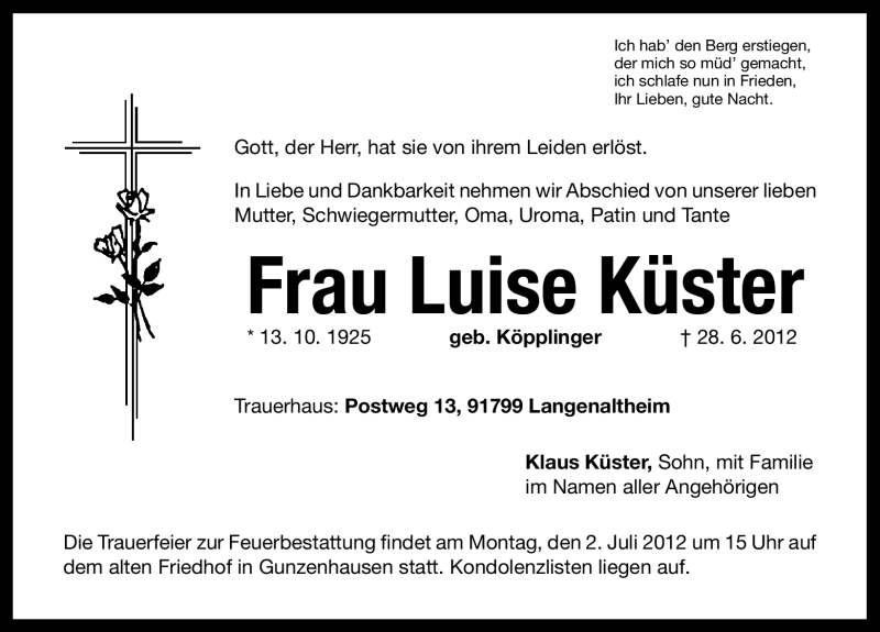  Traueranzeige für Luise Küster vom 30.06.2012 aus Altmühl-Bote Lokal