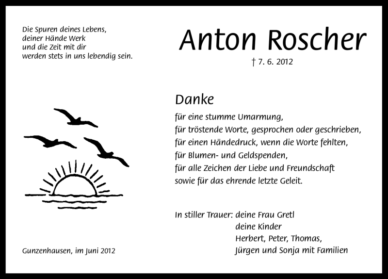  Traueranzeige für Anton Roscher vom 30.06.2012 aus Altmühl-Bote Lokal