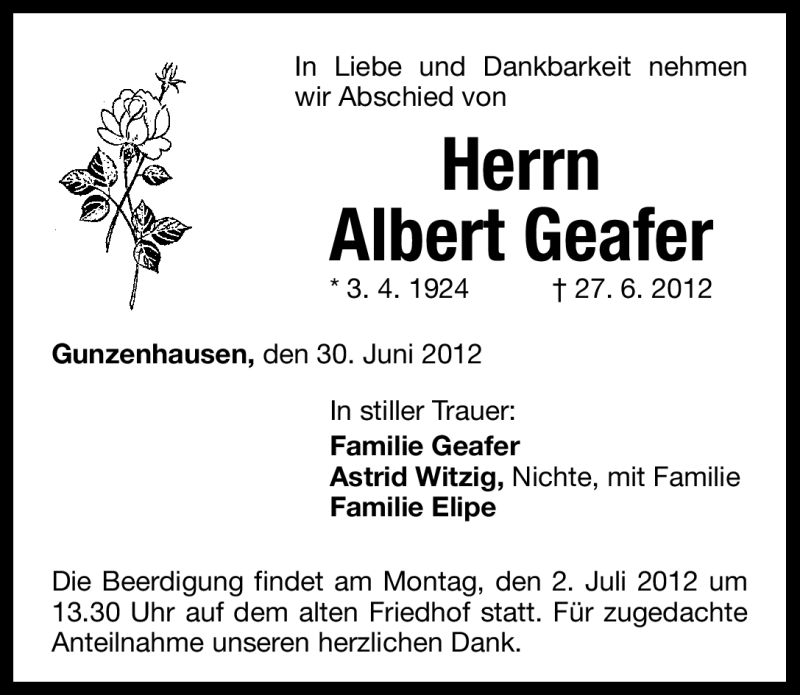  Traueranzeige für Albert Geafer vom 30.06.2012 aus Altmühl-Bote Lokal
