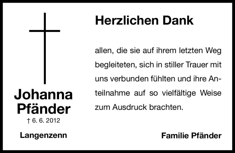  Traueranzeige für Johanna Pfänder vom 30.06.2012 aus Fürther Nachrichten Lokal