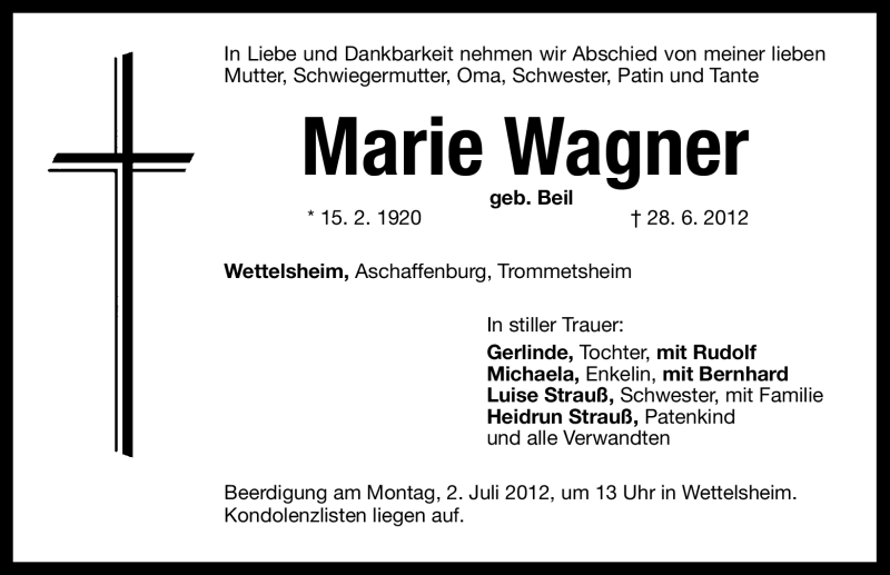  Traueranzeige für Marie Wagner vom 30.06.2012 aus Altmühl-Bote Lokal
