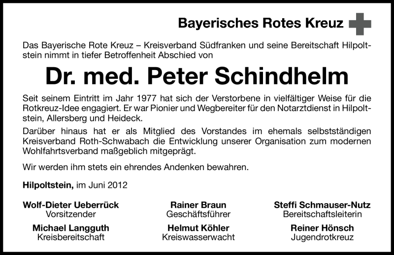  Traueranzeige für Peter Schindhelm vom 02.07.2012 aus Roth-Hilpoltsteiner Volkszeitung Lokal